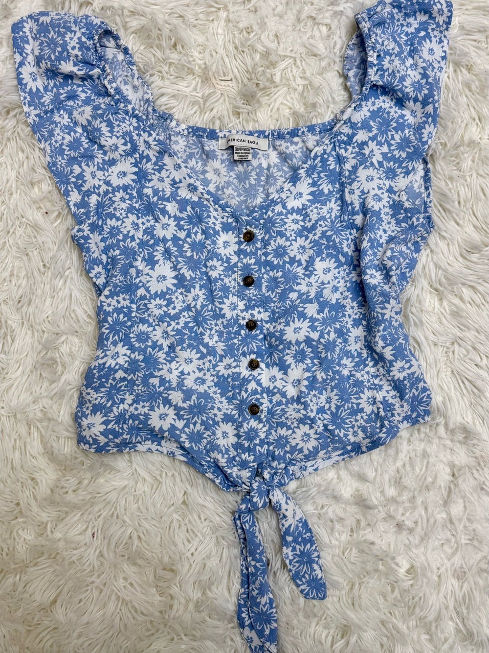 American Eagle Outfitters Blue & White Floral Tie-Front Crop Top